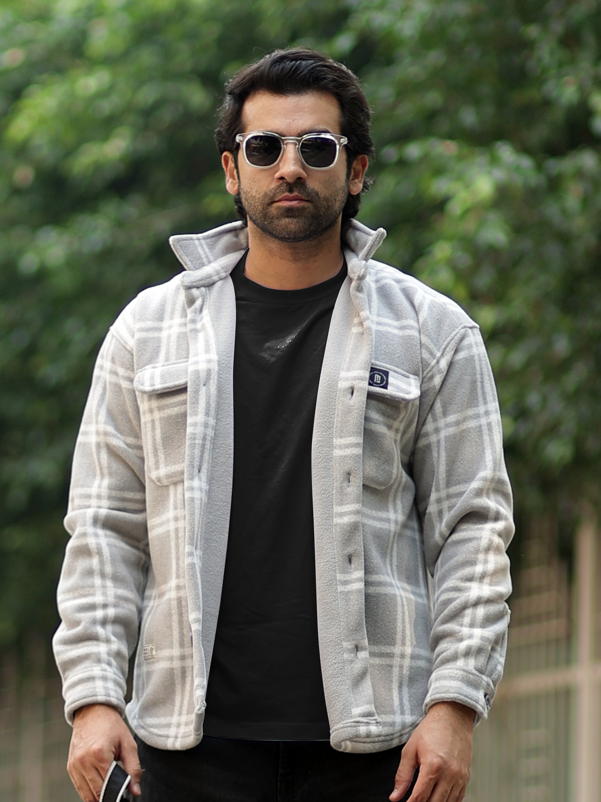 Grey full sleeve checkered shacket for men