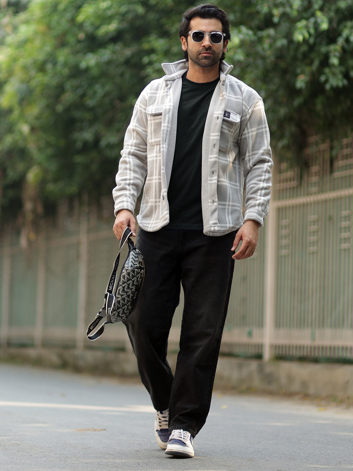 Grey full sleeve checkered shacket for men - view 5