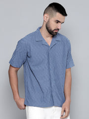 Creased Denim Blue Half Sleeve Shirt