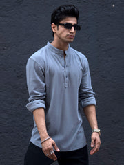 Chinese Collar Light Grey Full Sleeve T-Shirt