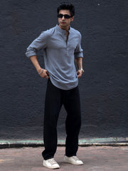 Chinese Collar Light Grey Full Sleeve T-Shirt