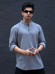 Chinese Collar Light Grey Full Sleeve T-Shirt