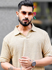 Croshia Knit Beige Half Sleeve Polo T-Shirt