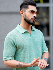 Croshia Knit Berly Green Half Sleeve Polo T-Shirt