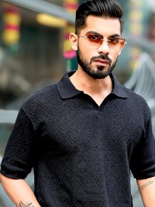 Croshia Knit Black Half Sleeve Polo T-Shirt