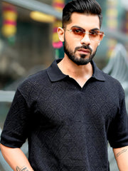 Croshia Knit Black Half Sleeve Polo T-Shirt