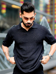 Croshia Knit Black Half Sleeve Polo T-Shirt