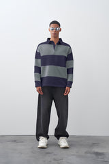 ColorBlock Navy Grey Full Sleeve Polo T-Shirt