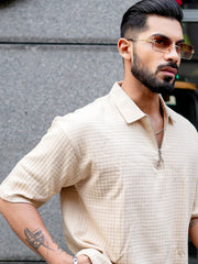 Box Grid Beige T-Half Sleeve Shirt