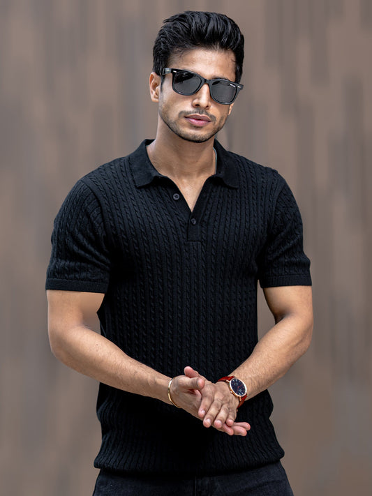 Ribbed Knit Black Polo Half Sleeve T-Shirt