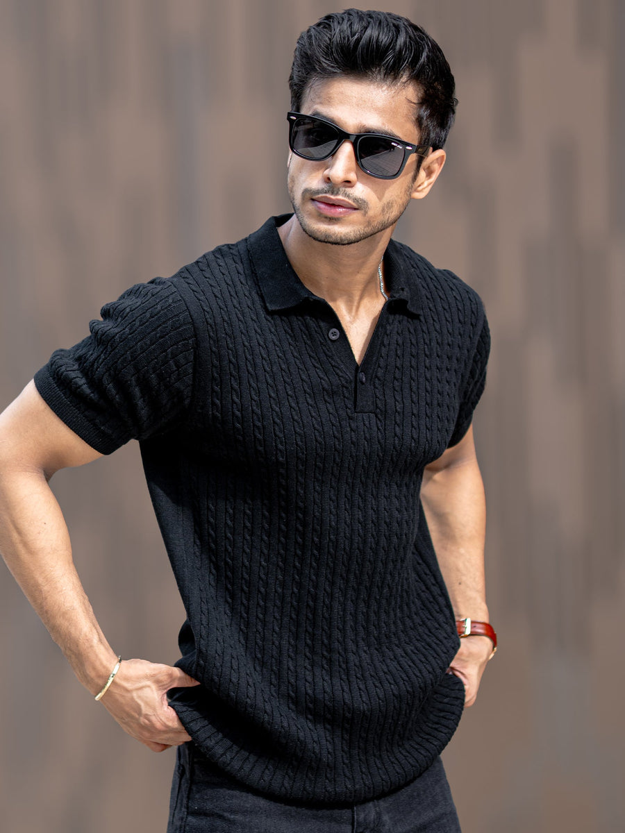 Black half sleeve ribbed knit polo t-shirt for men - view 2