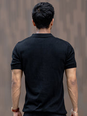 Ribbed Knit Black Polo Half Sleeve T-Shirt