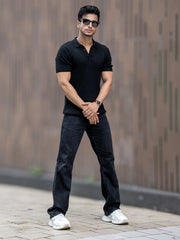 Ribbed Knit Black Polo Half Sleeve T-Shirt