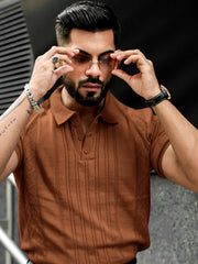 Flat Knit Brown Slim Polo Half Sleeve T-Shirt