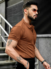 Flat Knit Brown Slim Polo Half Sleeve T-Shirt