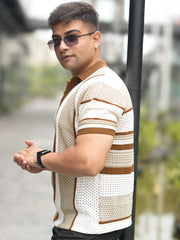 Stripe FlatKnit Beige Half Sleeve Polo T-Shirt