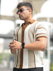 Stripe FlatKnit Beige Half Sleeve Polo T-Shirt