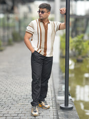 Stripe FlatKnit Beige Half Sleeve Polo T-Shirt