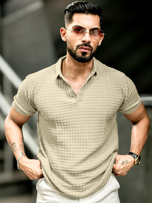 Checked Knit Beige Half Sleeve T-Shirt