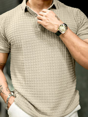 Checked Knit Beige Half Sleeve T-Shirt