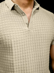 Checked Knit Beige Half Sleeve T-Shirt