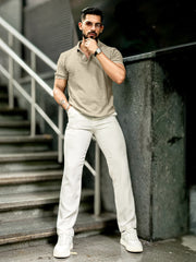 Checked Knit Beige Half Sleeve T-Shirt