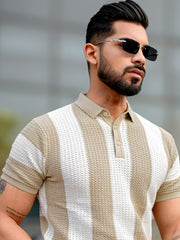 Vertical Stripe FlatKnit Cotton Beige Half Sleeve Polo T-Shirt