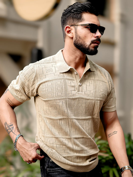 Pointel FlatKnit Cotton Beige Half Sleeve Polo T-Shirt