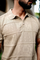 Pointel FlatKnit Cotton Beige Half Sleeve Polo T-Shirt