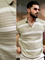 Sheer FlatKnit Cotton Beige Half Sleeve Polo T-Shirt
