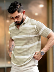 Sheer FlatKnit Cotton Beige Half Sleeve Polo T-Shirt