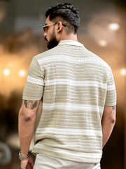 Sheer FlatKnit Cotton Beige Half Sleeve Polo T-Shirt