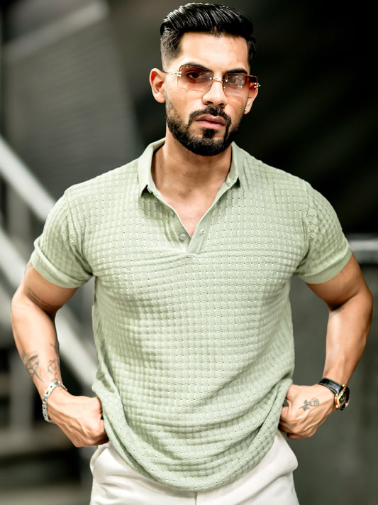 Checked Knit Berly Green Half Sleeve T-Shirt