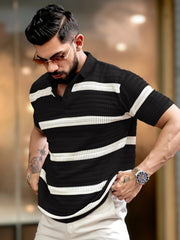 Sheer FlatKnit Cotton Black Half Sleeve Polo T-Shirt