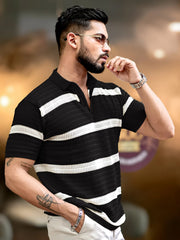 Sheer FlatKnit Cotton Black Half Sleeve Polo T-Shirt