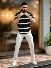 Sheer FlatKnit Cotton Black Half Sleeve Polo T-Shirt