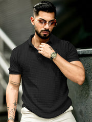 Checked Knit Black Half Sleeve T-Shirt