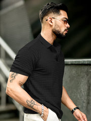 Checked Knit Black Half Sleeve T-Shirt