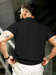 Checked Knit Black Half Sleeve T-Shirt