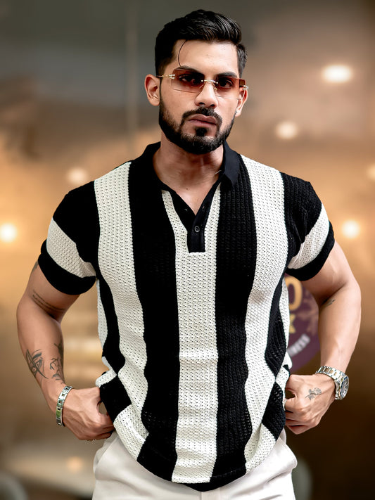 Vertical Stripe FlatKnit Cotton Black Half Sleeve Polo T-Shirt