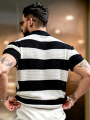 Vertical Stripe FlatKnit Cotton Black Half Sleeve Polo T-Shirt