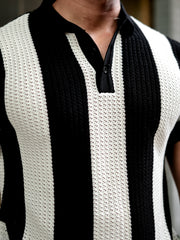 Vertical Stripe FlatKnit Cotton Black Half Sleeve Polo T-Shirt