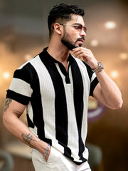 Vertical Stripe FlatKnit Cotton Black Half Sleeve Polo T-Shirt