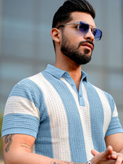 Vertical Stripe FlatKnit Cotton Blue Half Sleeve Polo T-Shirt