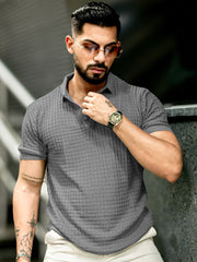 Checked Knit Grey Half Sleeve T-Shirt