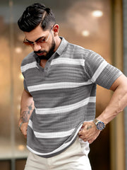 Sheer FlatKnit Cotton Beige Half Sleeve Polo T-Shirt