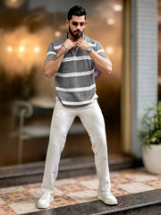 Sheer FlatKnit Cotton Beige Half Sleeve Polo T-Shirt