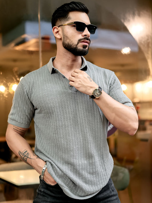 Classic Rib Knit Grey Polo Half Sleeve T-Shirt