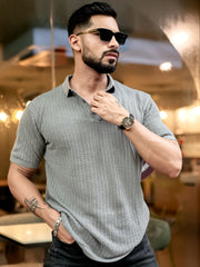 Classic Rib Knit Grey Polo Half Sleeve T-Shirt