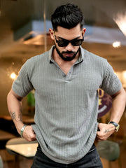 Classic Rib Knit Grey Polo Half Sleeve T-Shirt